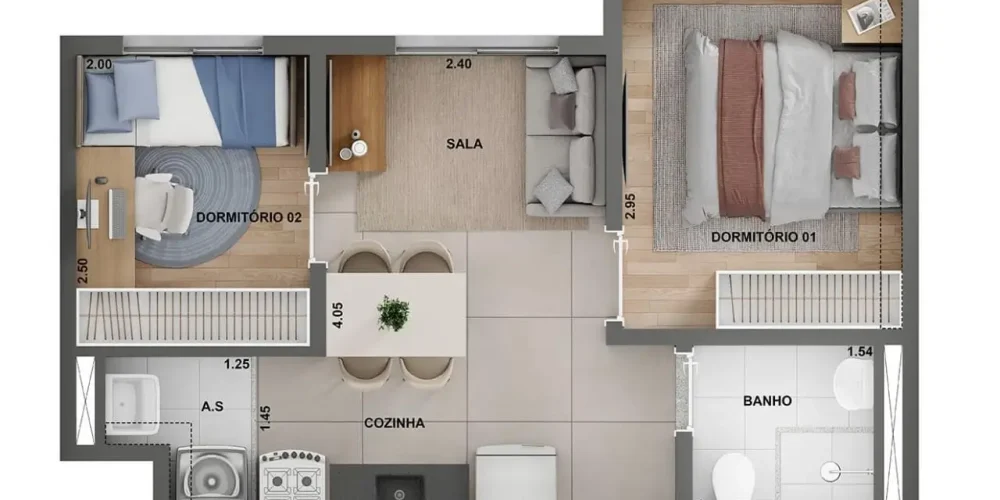 Planta com 2 quartos, moderna com melhor custo benefício.