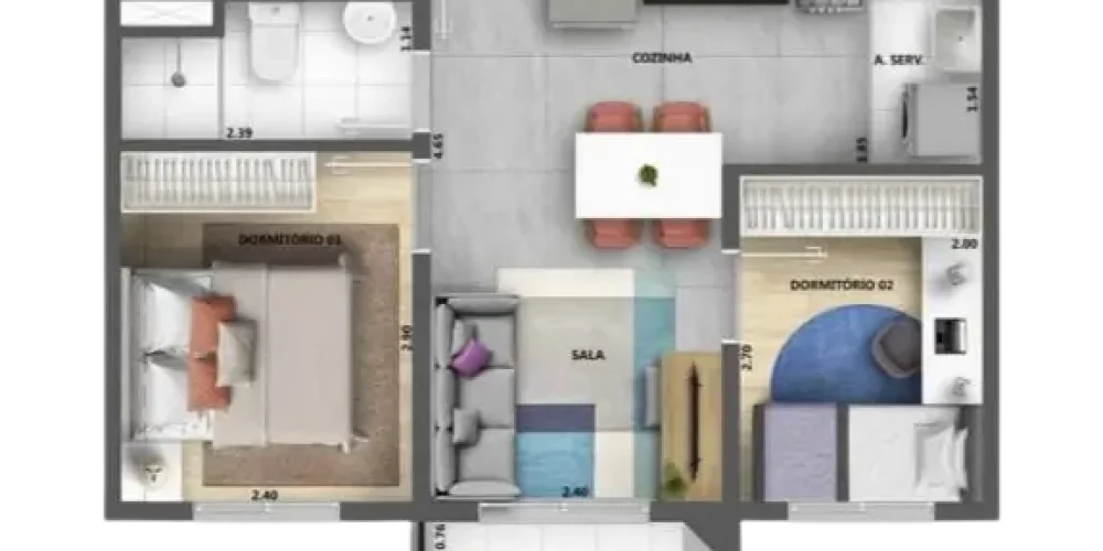 Apartamento de 37m² com sacada, muito bem desenhada para atender a família moderna.